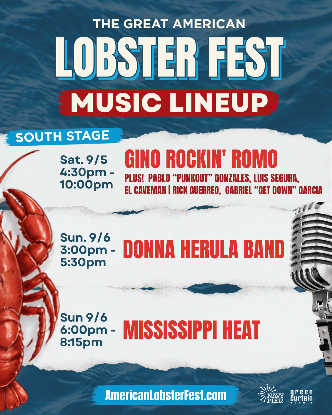 graphic showing live music lineup for lobster fest 2026 at navy pier in chicago
